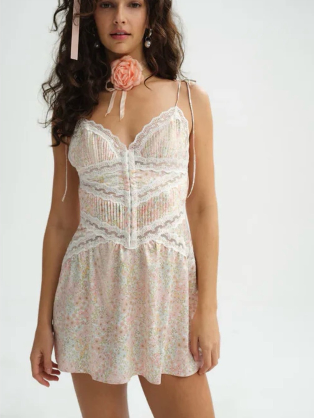 For Love And Lemons Pastel Floral Lace-Trim Chemise